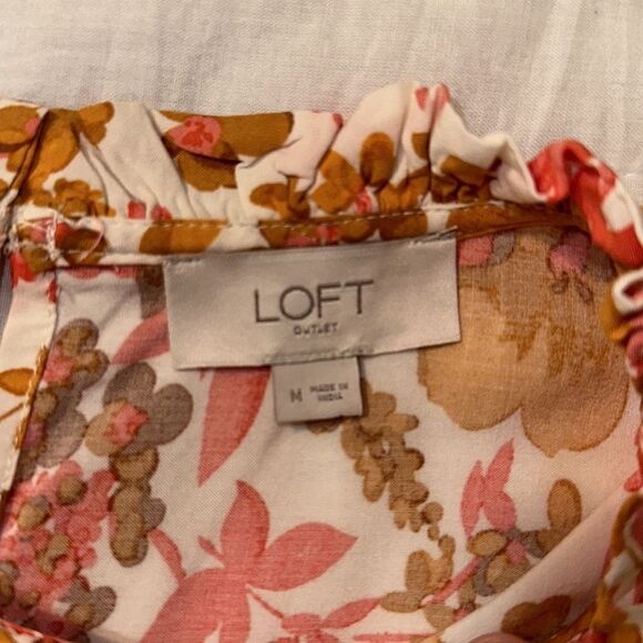 LOFT M White Pink Brown Orange Floral Flutter Sleeve Mock Ruffle Neck Blouse - Picture 9 of 10